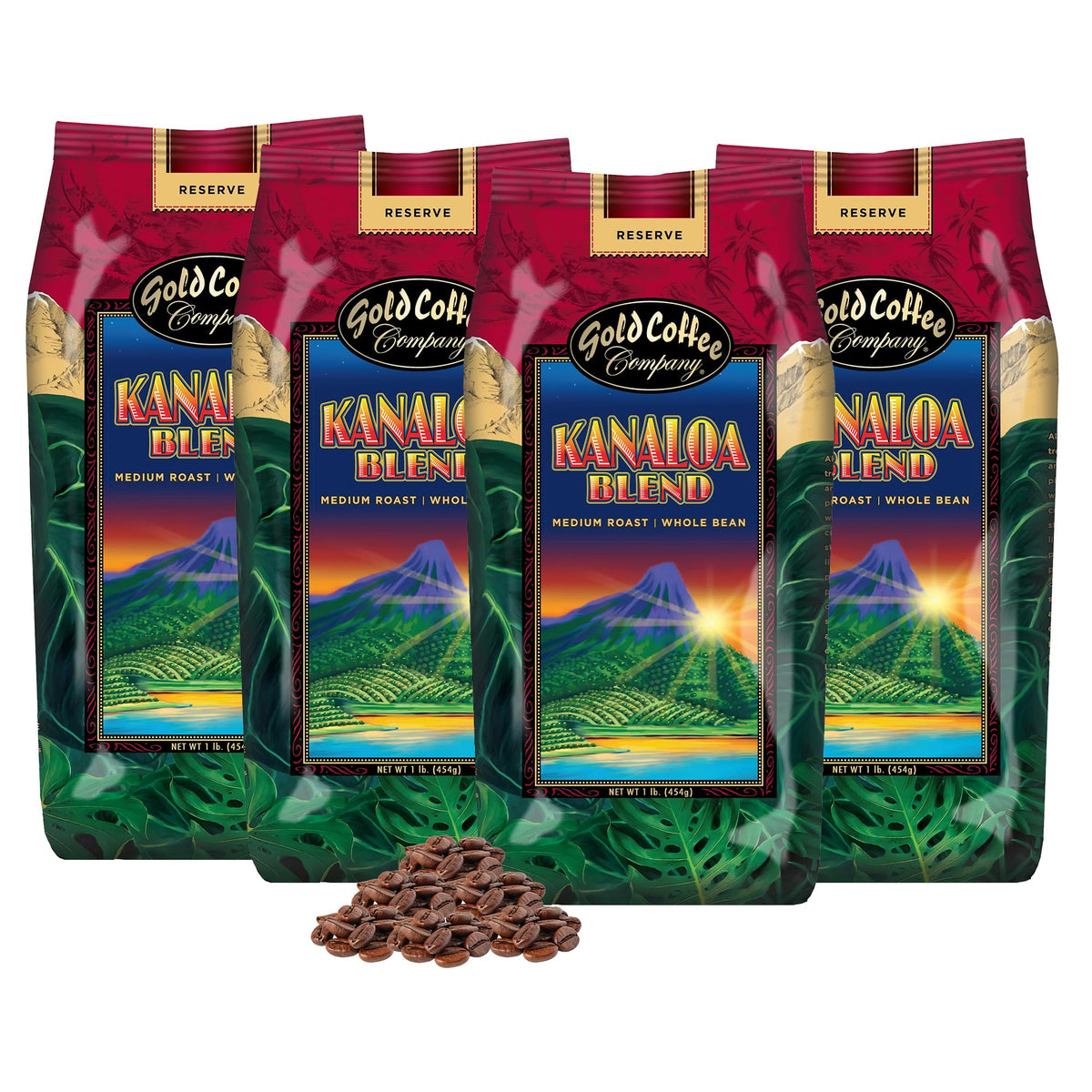 Gold Coffee Company vista frontal del paquete Kanaloa Blend mostrando diseño y peso