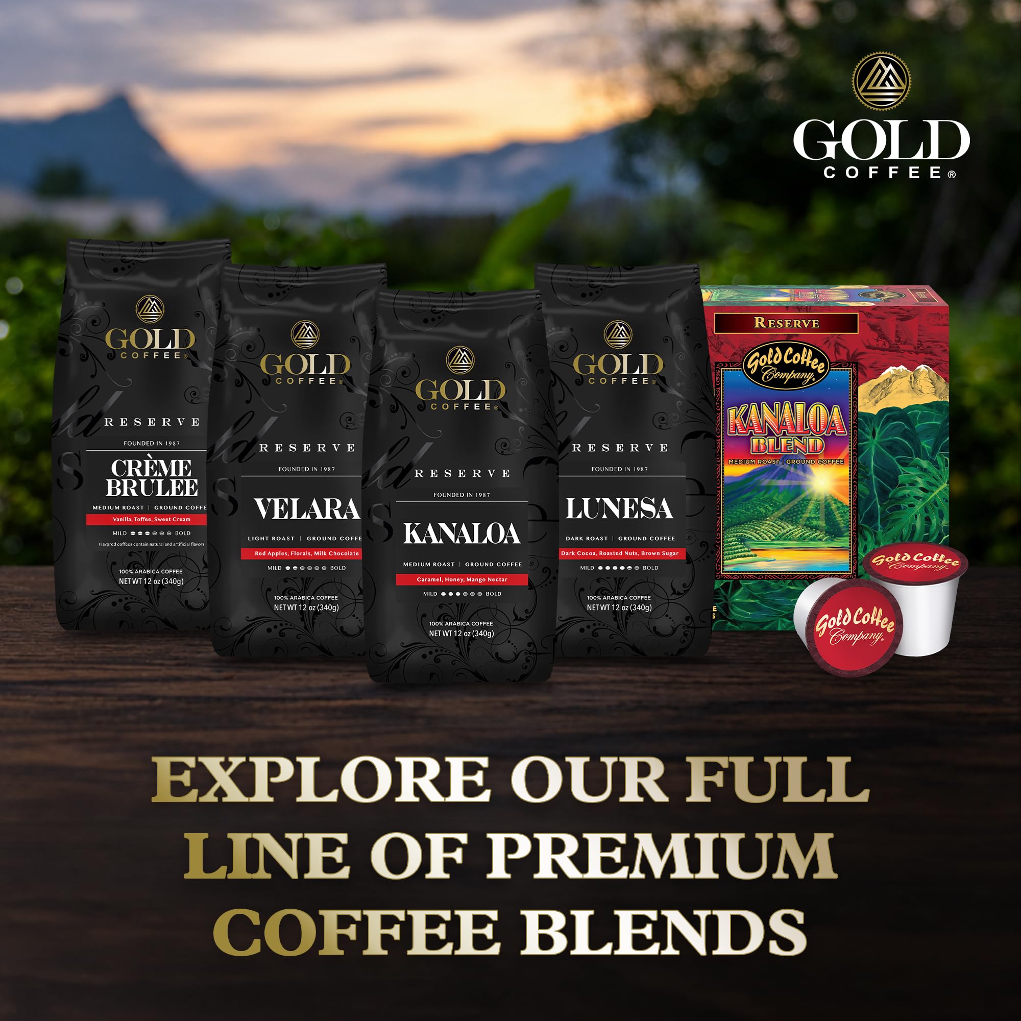 Gold Coffee Company ambiente de cocina con Kanaloa Blend mostrando uso diario satisfactorio