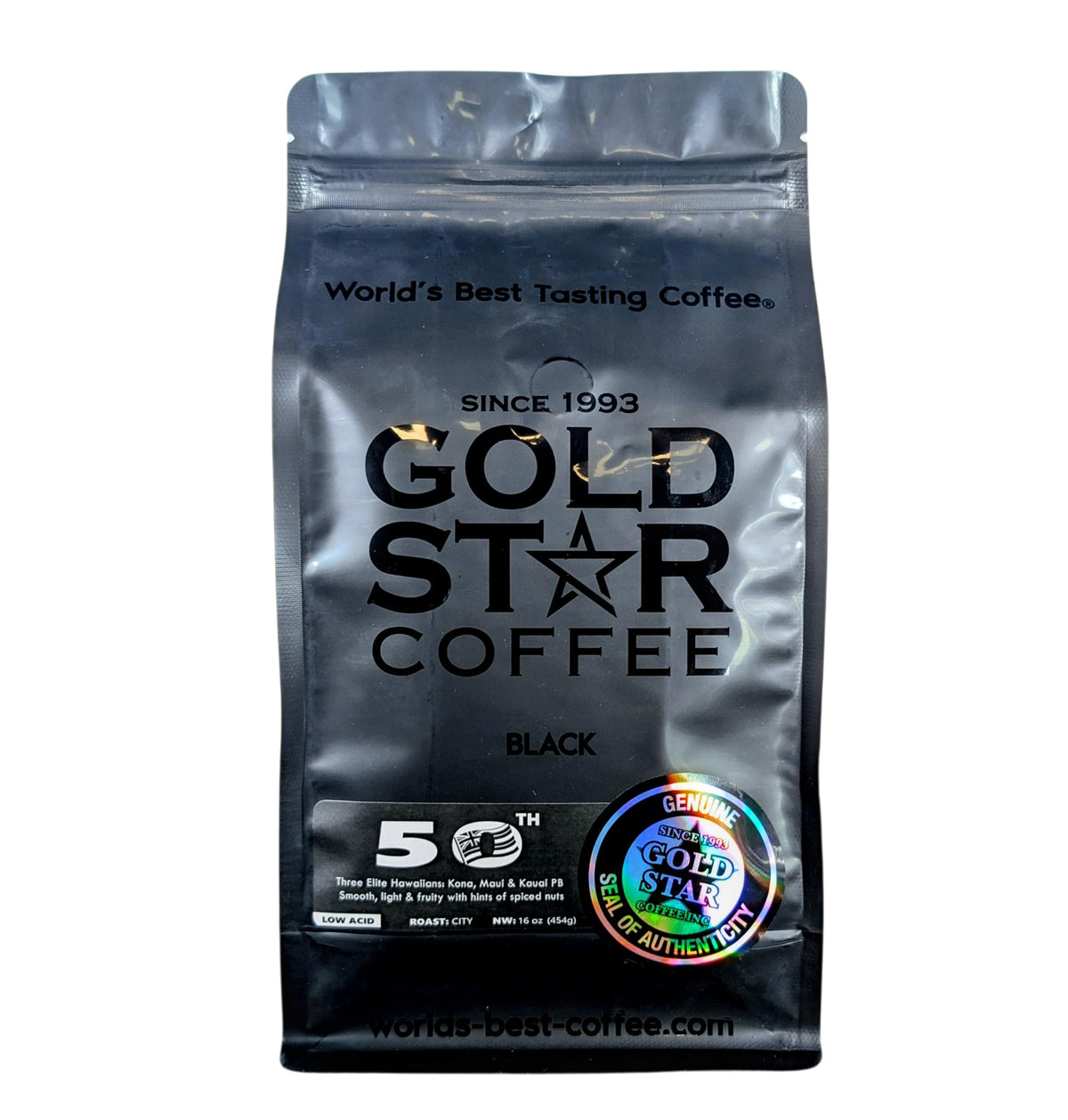 Gold Star Coffee empaque frontal mostrando mezcla 100% hawaiana y beneficio sabor premium
