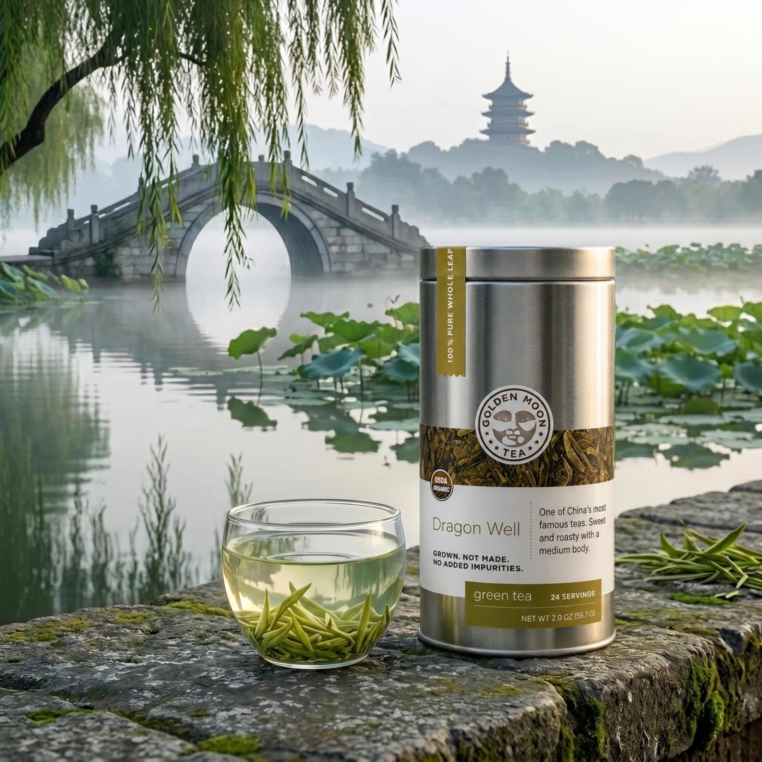 Golden Moon Tea hojas verdes sueltas en primer plano, revela calidad artesanal