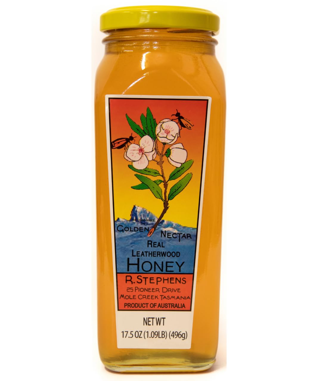 Golden Nectar Honey frente de jarra mostrando diseño y capacidad 500 g, calidad visible