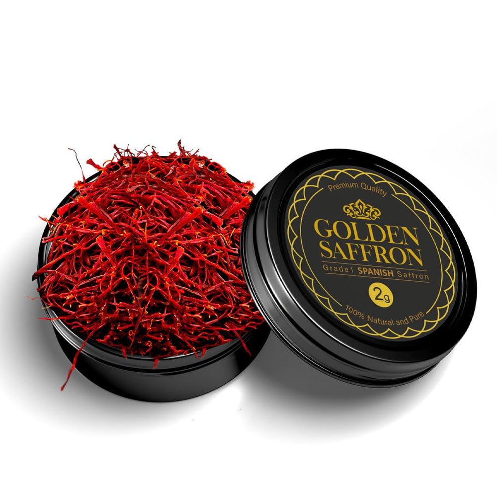 Golden Saffron etiqueta del producto informa pureza y origen