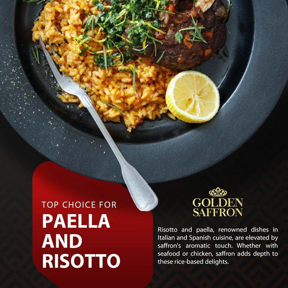 Golden Saffron paella acabada con color dorado y aroma vibrante