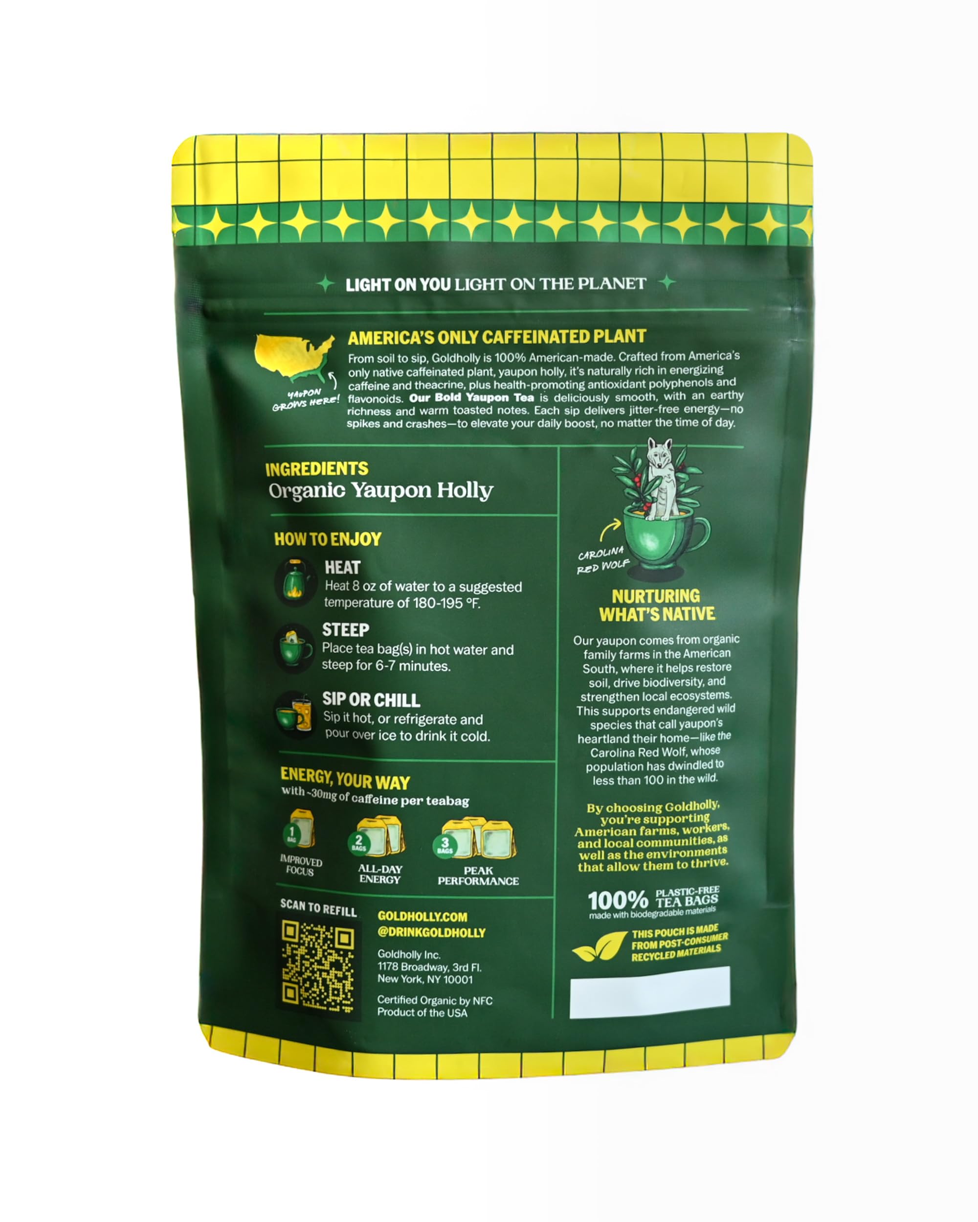 Goldholly detalle de hoja de yaupon en bolsita, muestra pureza