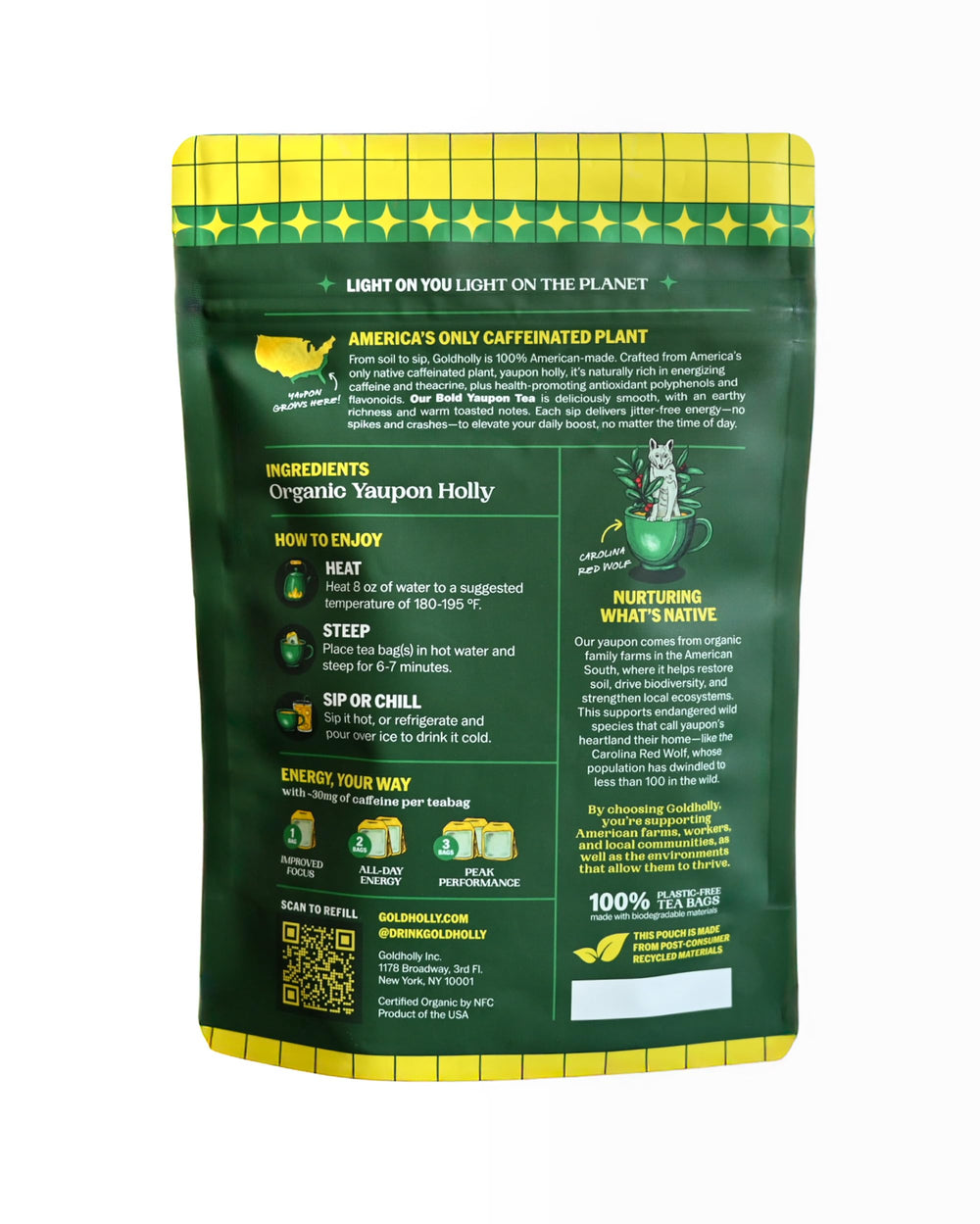 Goldholly detalle de hoja de yaupon en bolsita, muestra pureza