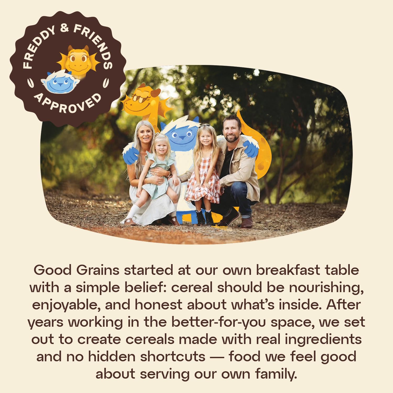 Good Grains tazón en mesa familiar con frutas, sugiere desayuno nutritivo y práctico