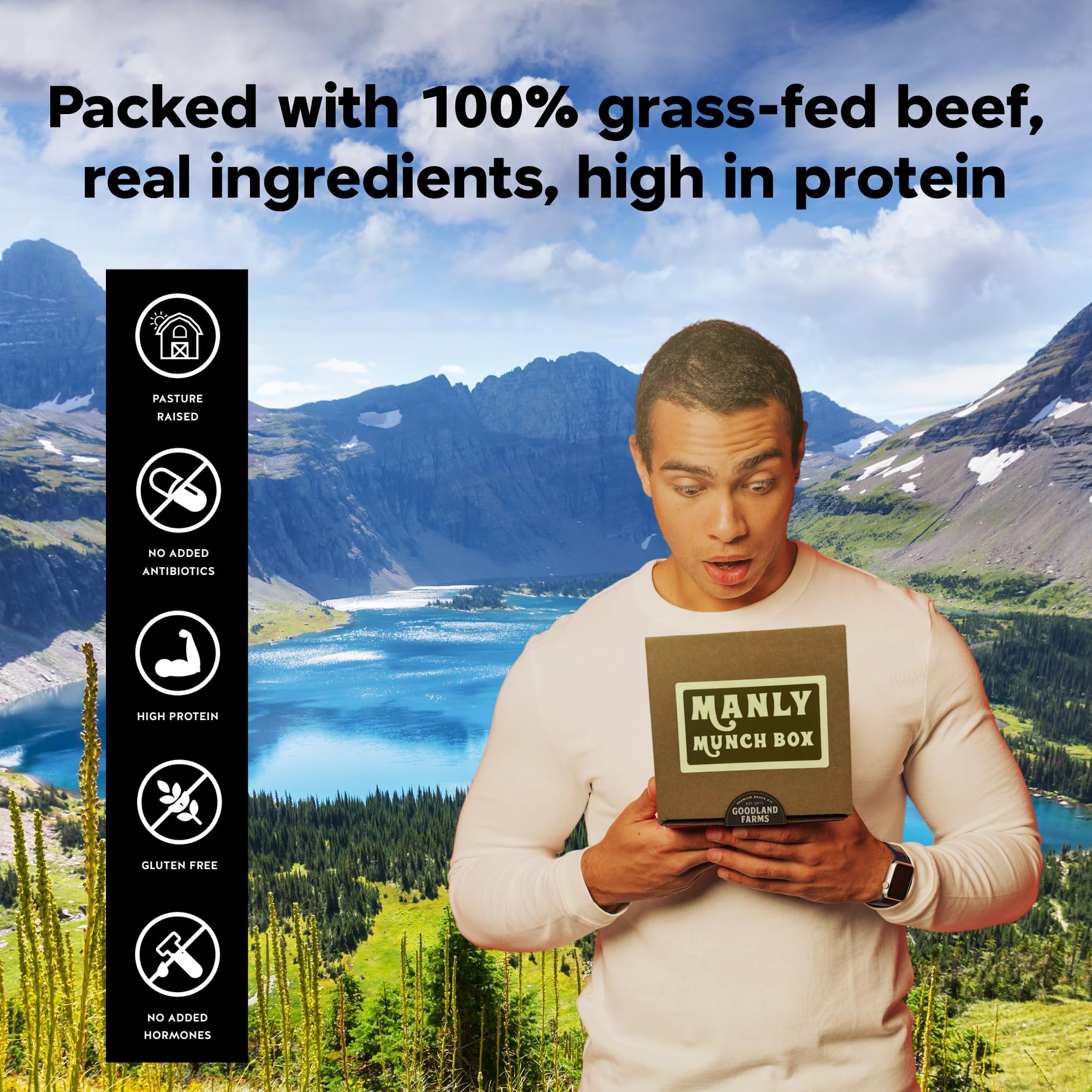 Goodland Farms primer plano de textura de jerky, aspecto jugoso y sabroso