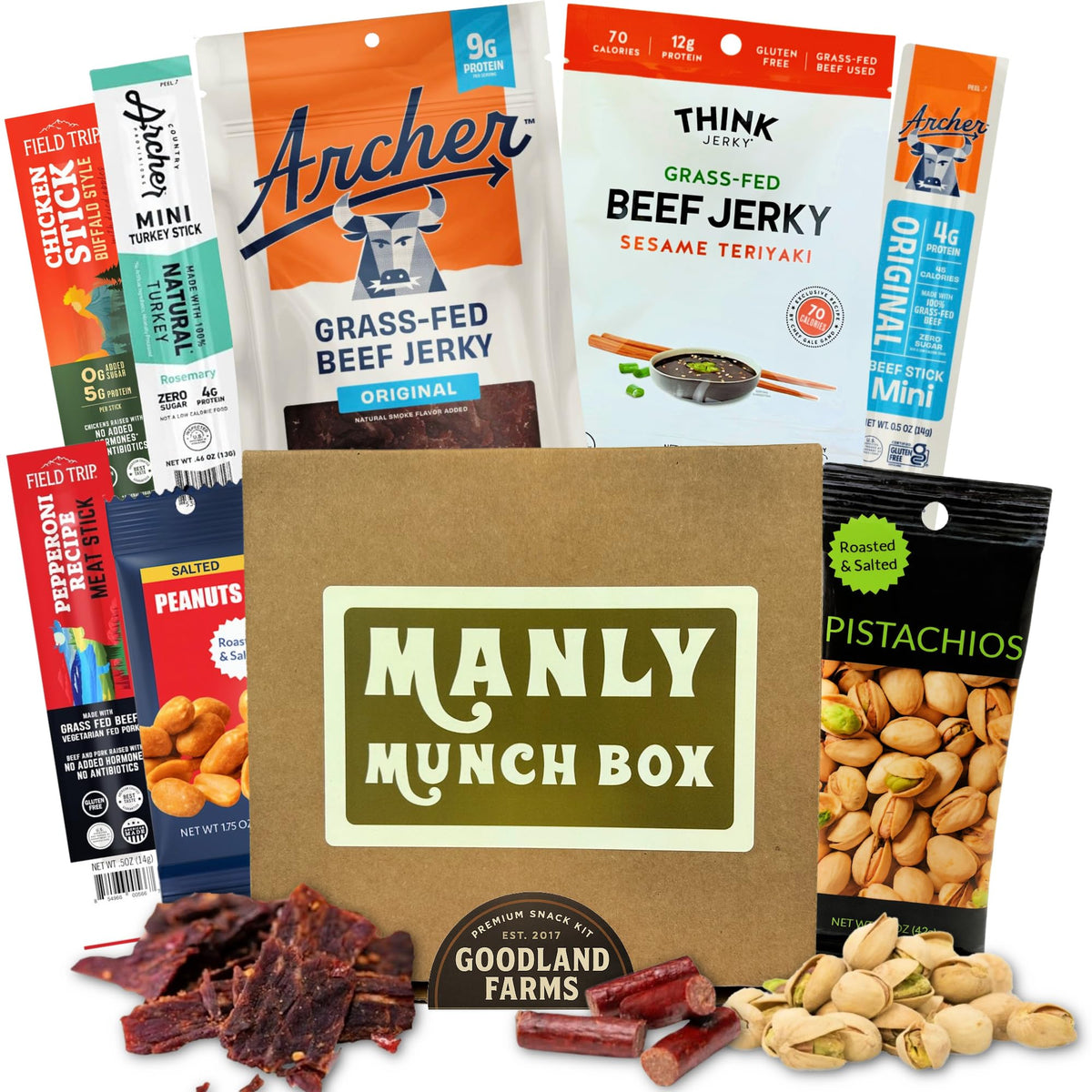 Goodland Farms caja frontal mostrando variedad de jerky y frutos secos, regalo listo