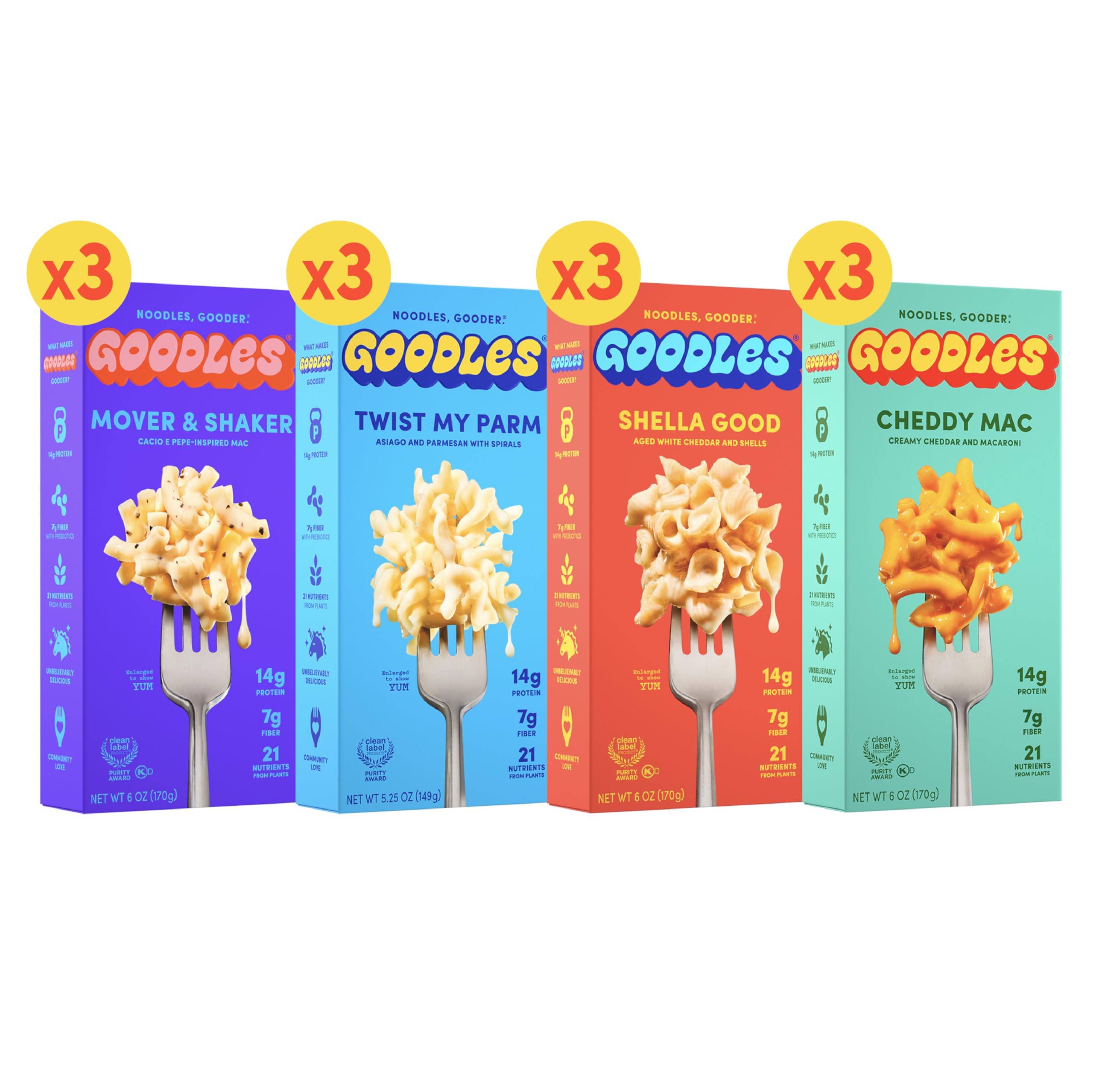 GOODLES empaque frontal mostrando los cuatro sabores y beneficios