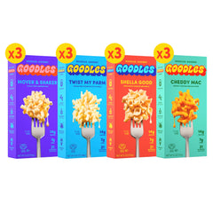 GOODLES empaque frontal mostrando los cuatro sabores y beneficios