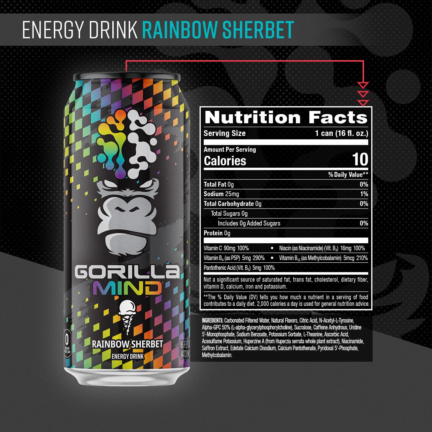Gorilla Mind primer plano de la lata Rainbow Sherbet resaltando ingredientes