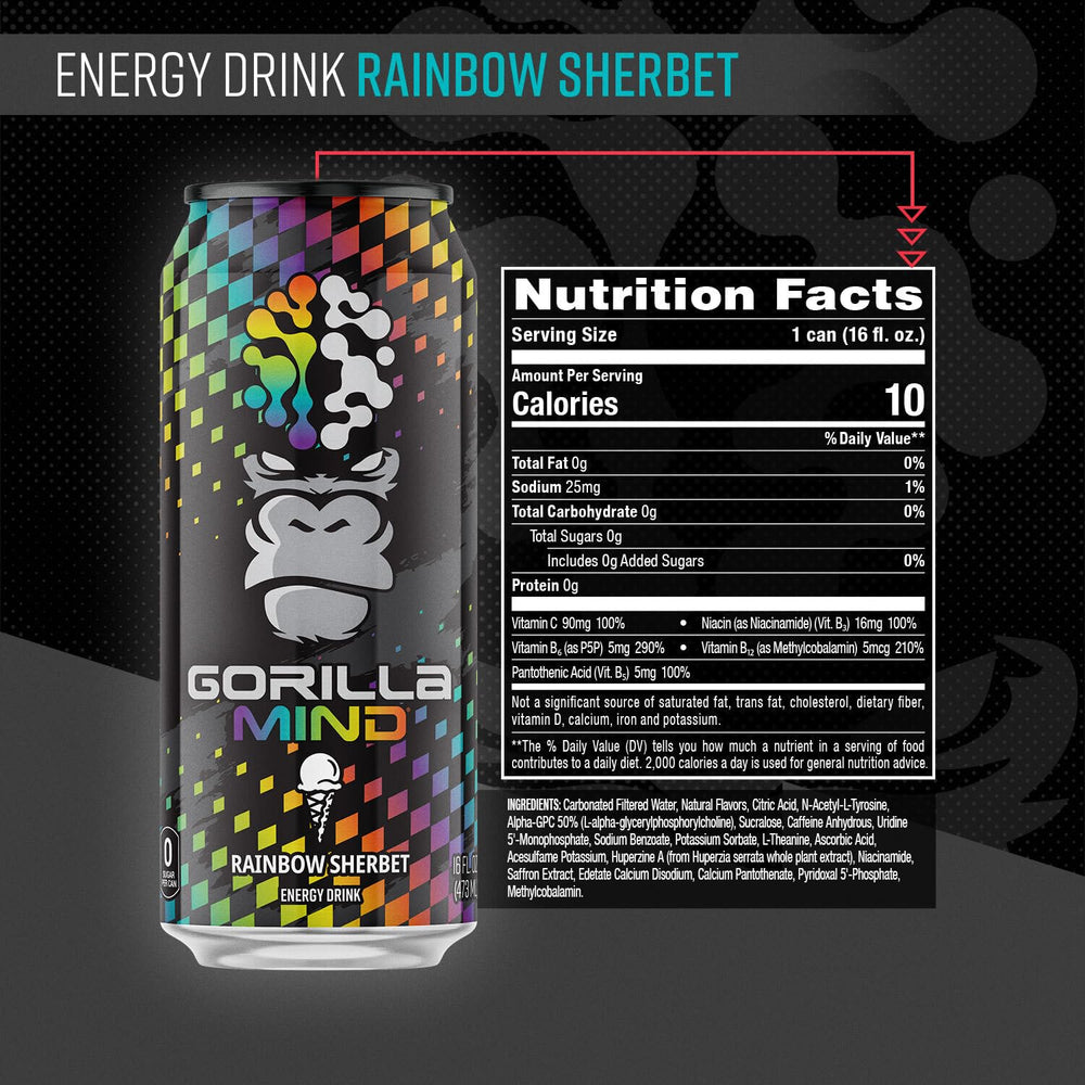 Gorilla Mind primer plano de la lata Rainbow Sherbet resaltando ingredientes