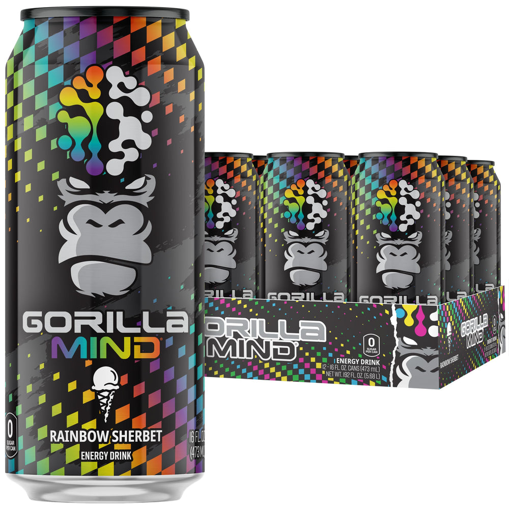 Gorilla Mind lata frontal Rainbow Sherbet mostrando diseño y beneficio energía