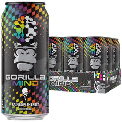 Gorilla Mind lata frontal Rainbow Sherbet mostrando diseño y beneficio energía