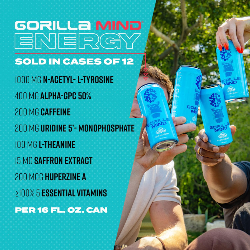 Gorilla Mind pack de 12 latas demostrando cantidad y conveniencia