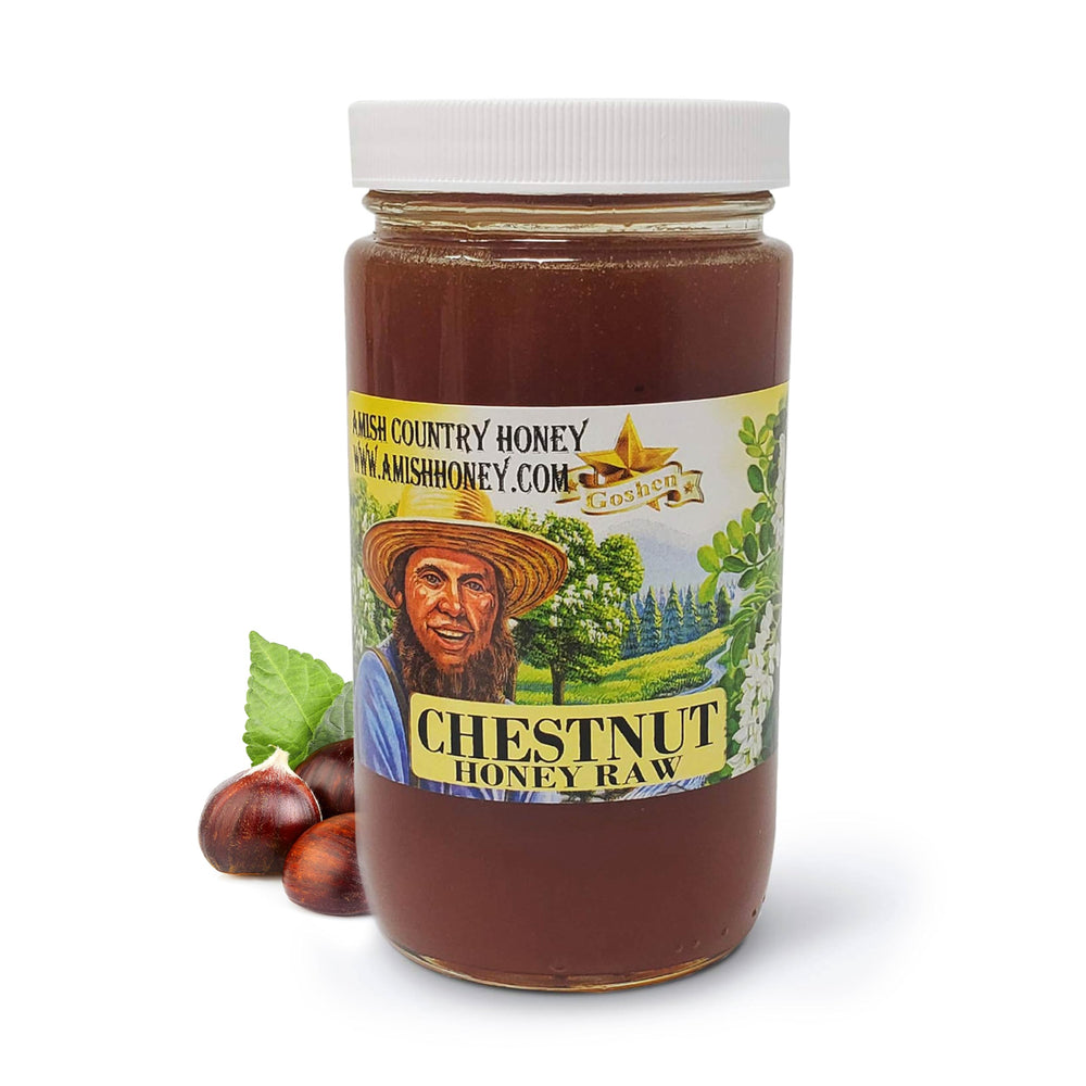 Goshen Honey frasco de 16oz con miel de castaño, presentación natural