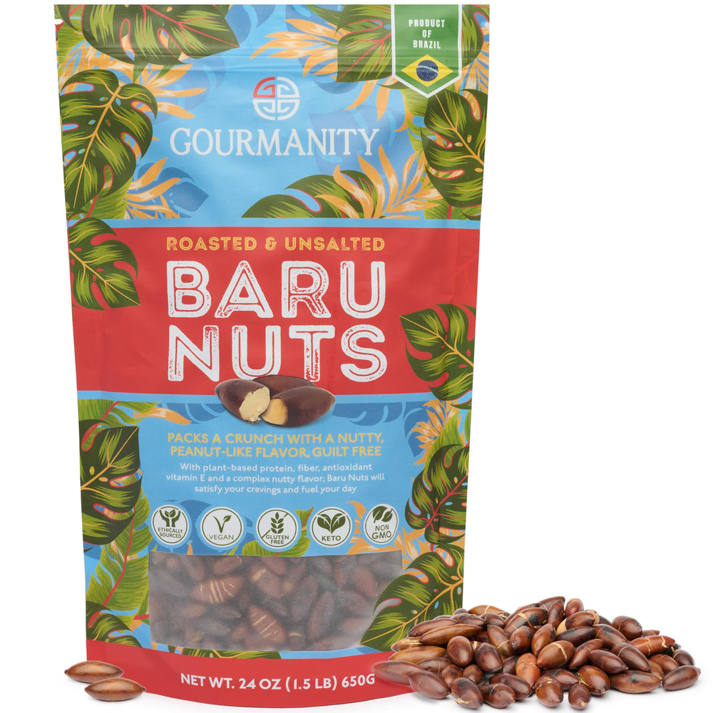 Gourmanity paquete de Baru Nuts al frente mostrando diseño y tamaño, ideal para despensa