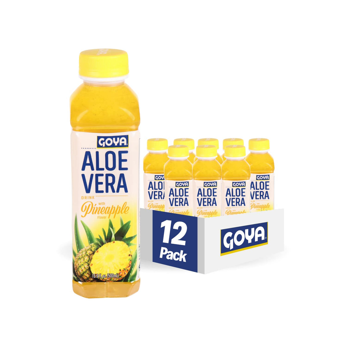 Goya aloe piña frente del empaque mostrando etiqueta y botella, refresco listo
