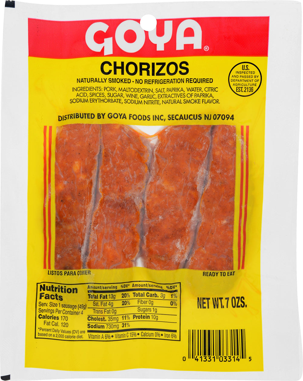 Goya chorizo ahumado empaque frontal mostrando el producto y conservación prolongada