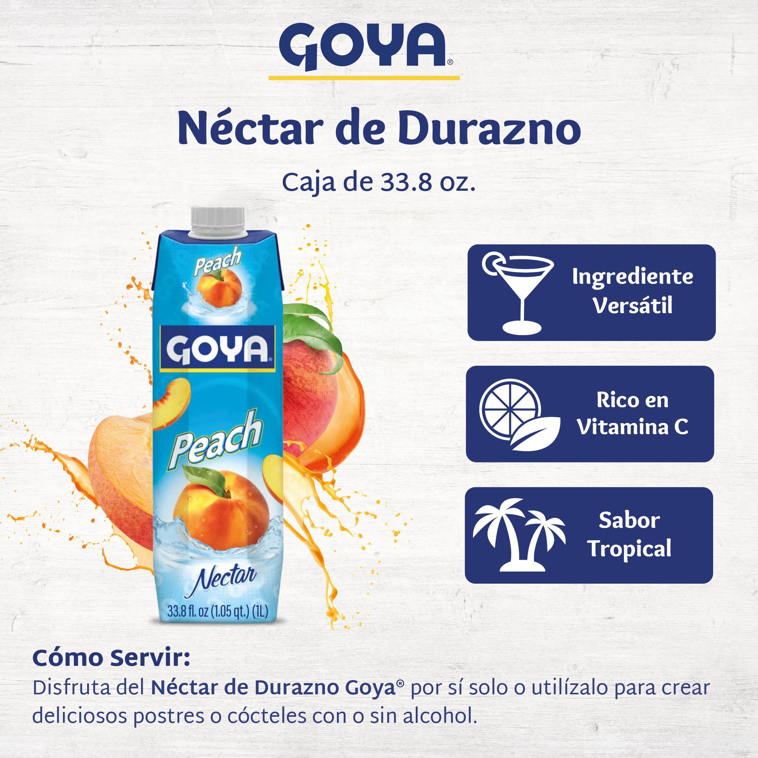 Goya néctar de durazno vertiéndose desde el envase, facilidad de uso
