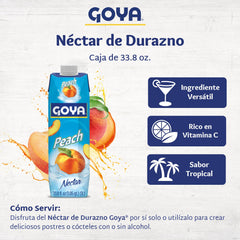 Goya néctar de durazno vertiéndose desde el envase, facilidad de uso