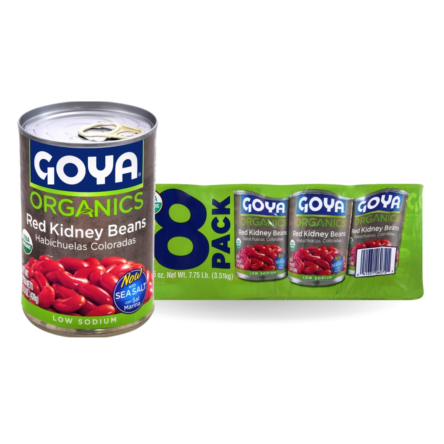 Goya frijoles rojos orgánicos frente de lata mostrando etiqueta y beneficios nutritivos