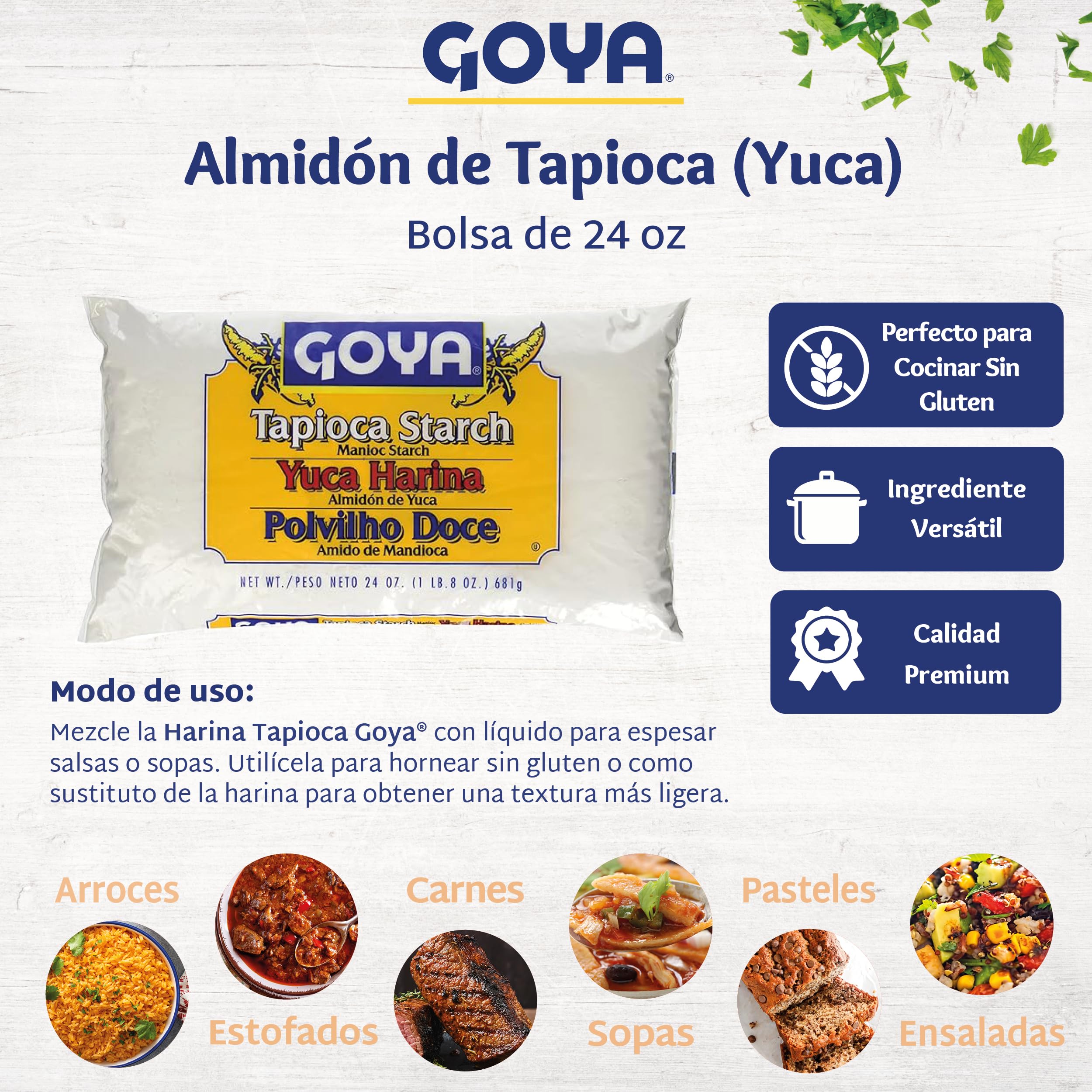 Goya harina de yuca en cocina con platos terminados, inspira recetas auténticas