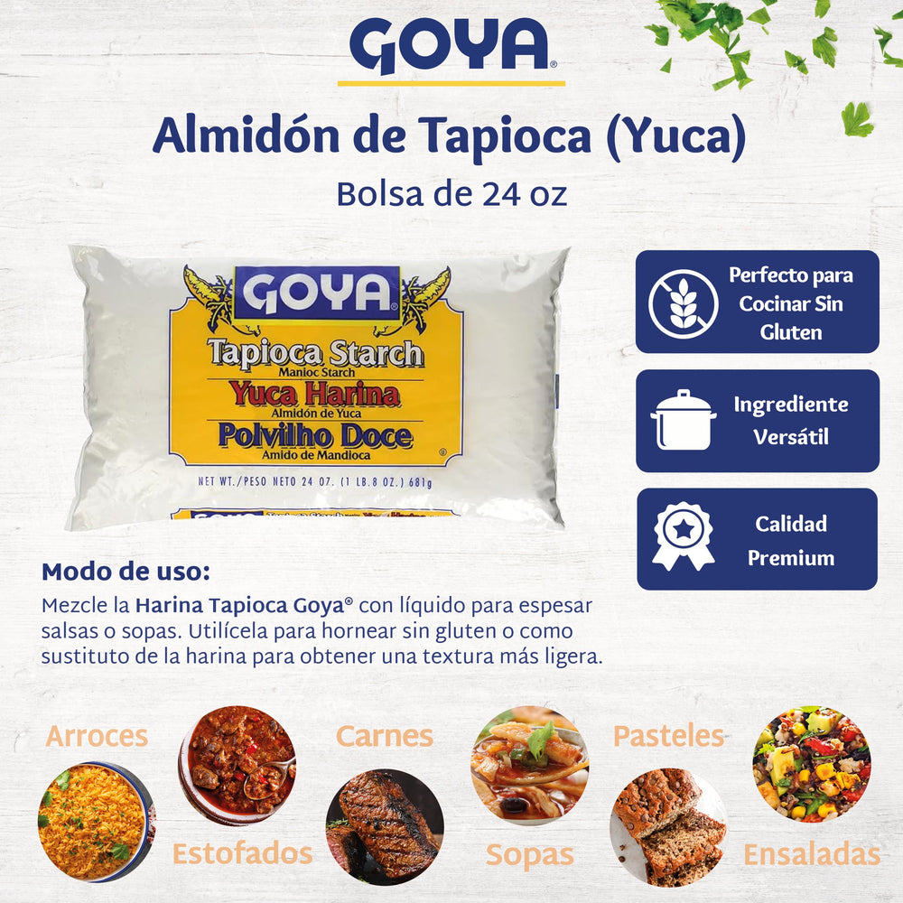Goya harina de yuca en cocina con platos terminados, inspira recetas auténticas