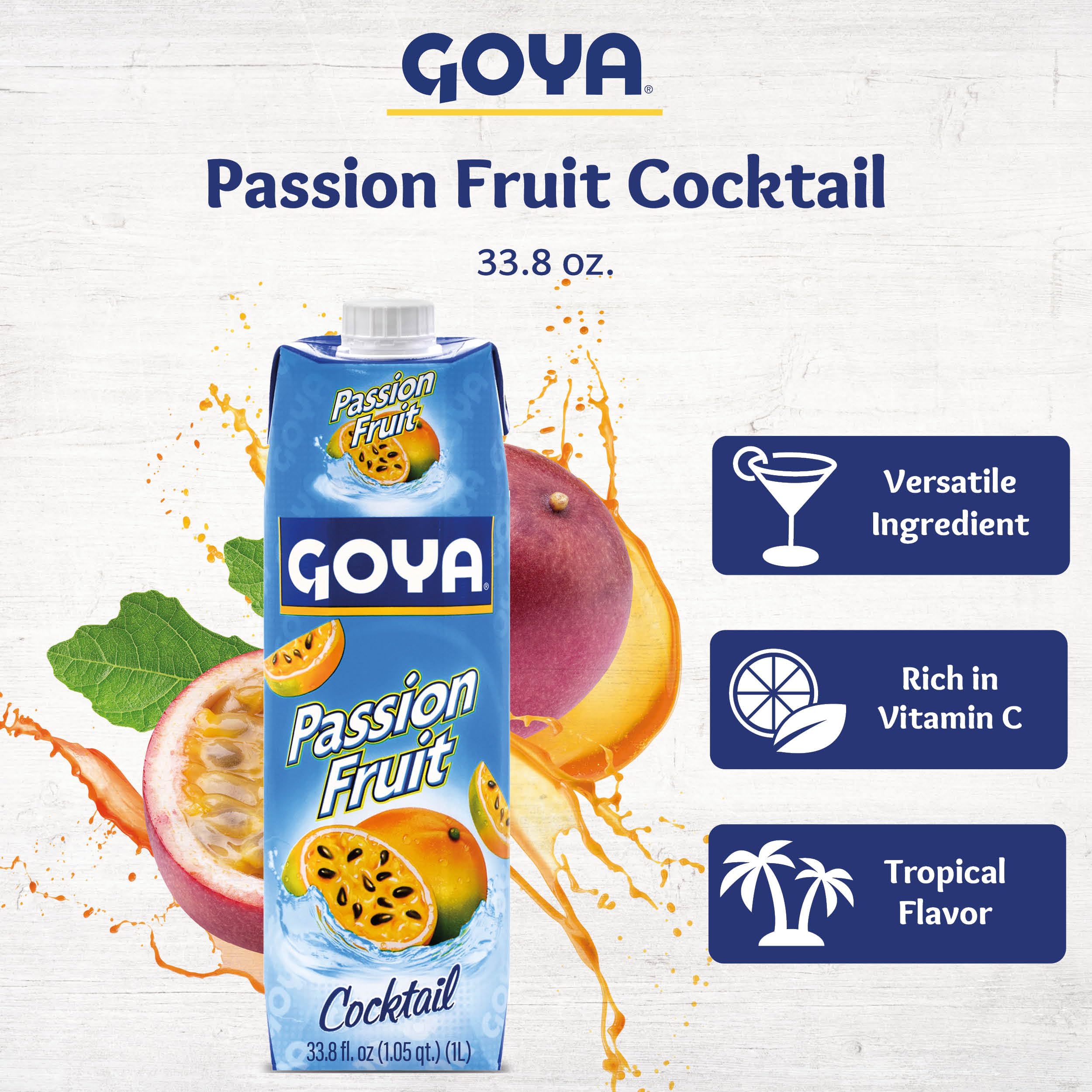 Goya botella abierta vertiendo jugo en vaso, ideal para mezclar bebidas