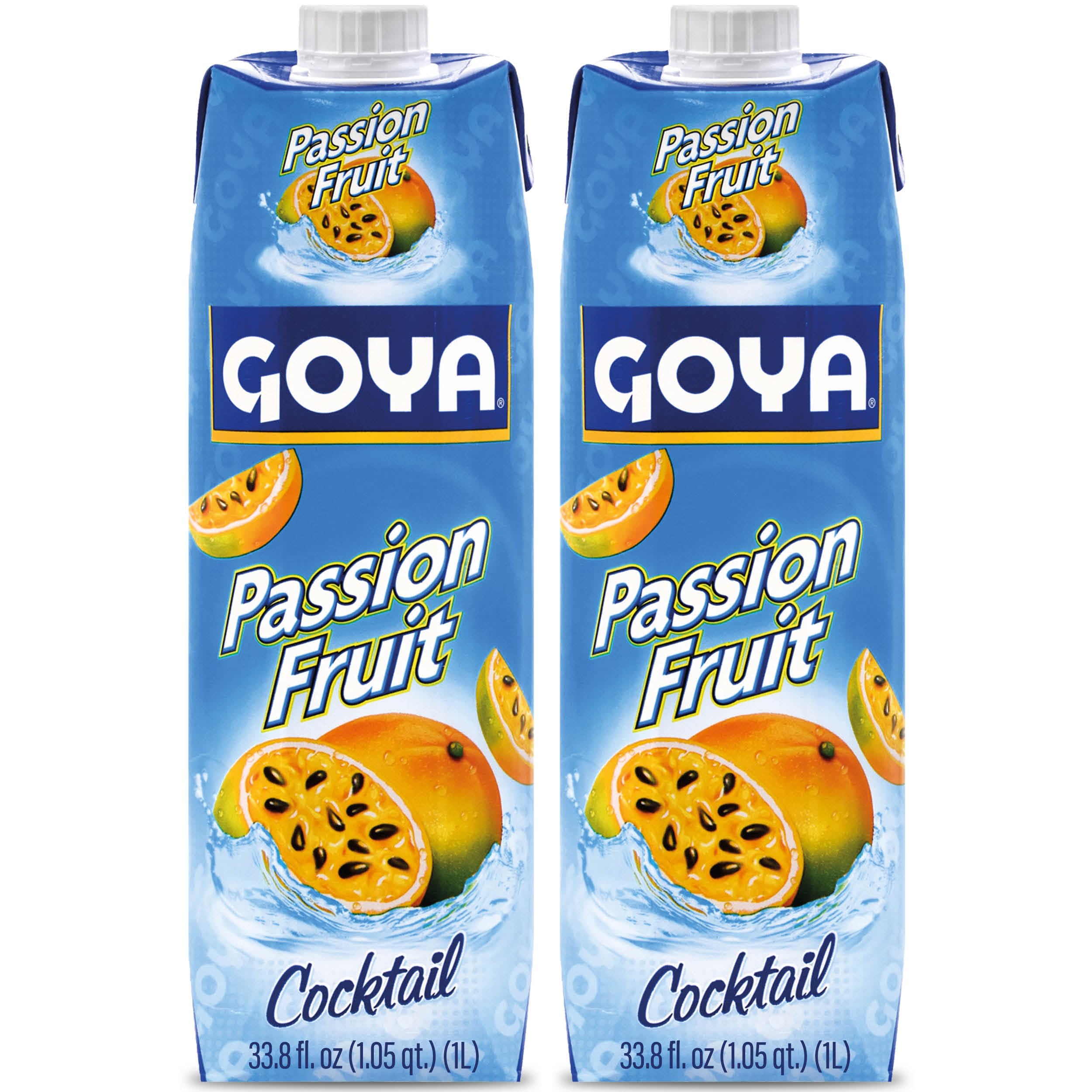 Goya jugo de maracuyá vista frontal con etiqueta clara y color tropical