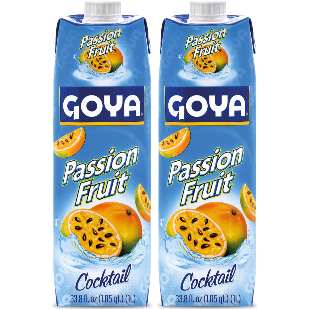 Goya jugo de maracuyá vista frontal con etiqueta clara y color tropical