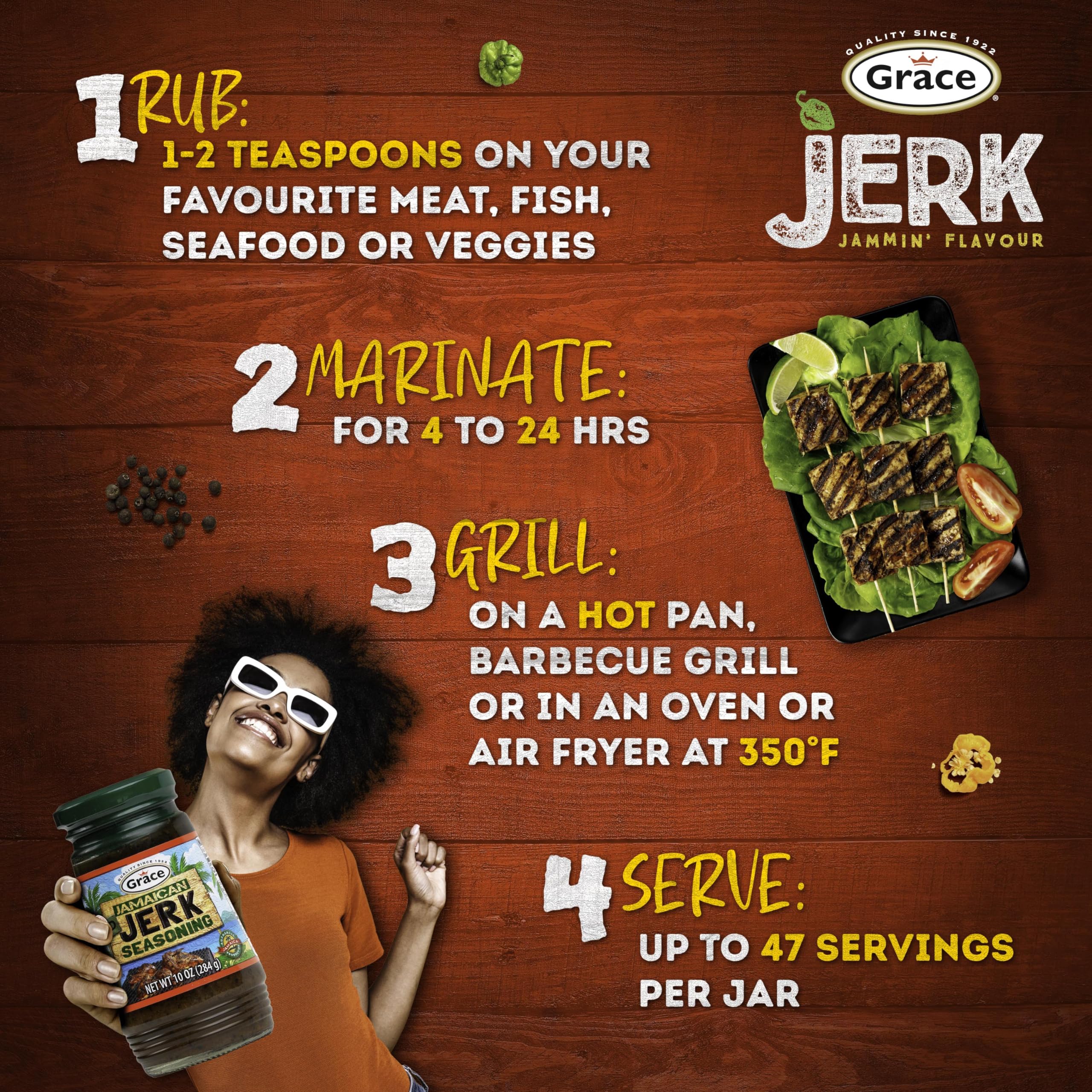 Grace salsa aplicada en camarones a la parrilla para toque caribeño