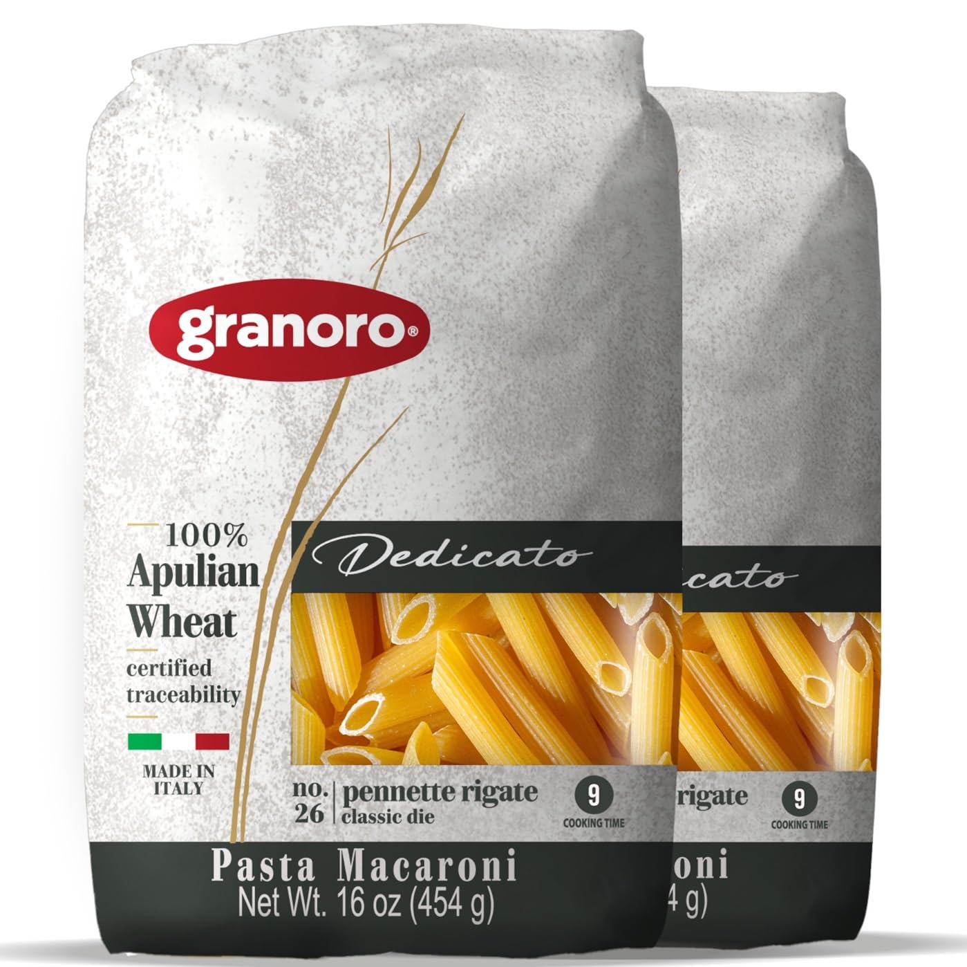 Granoro penne rigate frente del paquete mostrando marca y formato práctico