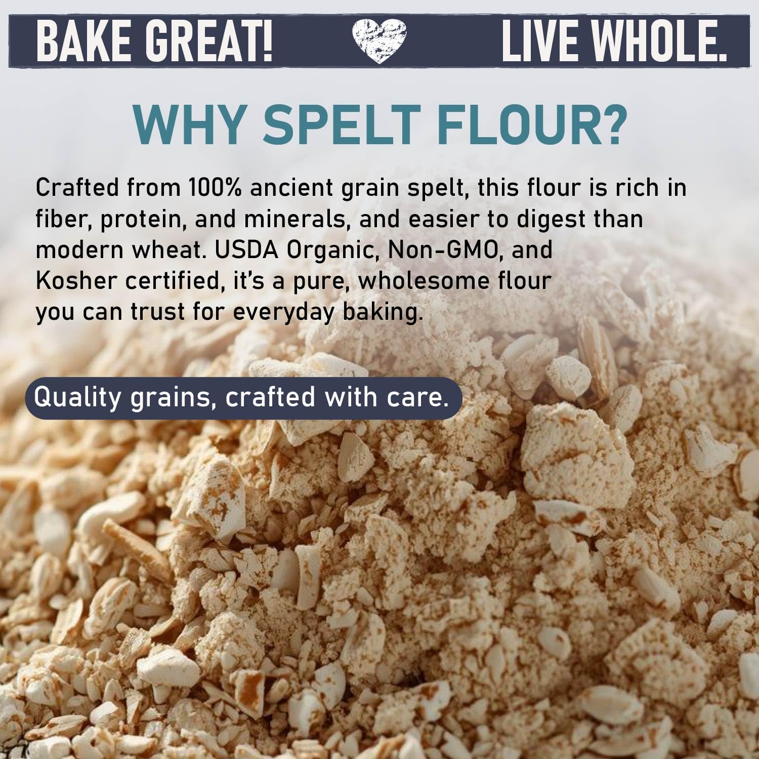 Great River Milling cuchara con harina de espelta listA para medir y cocinar