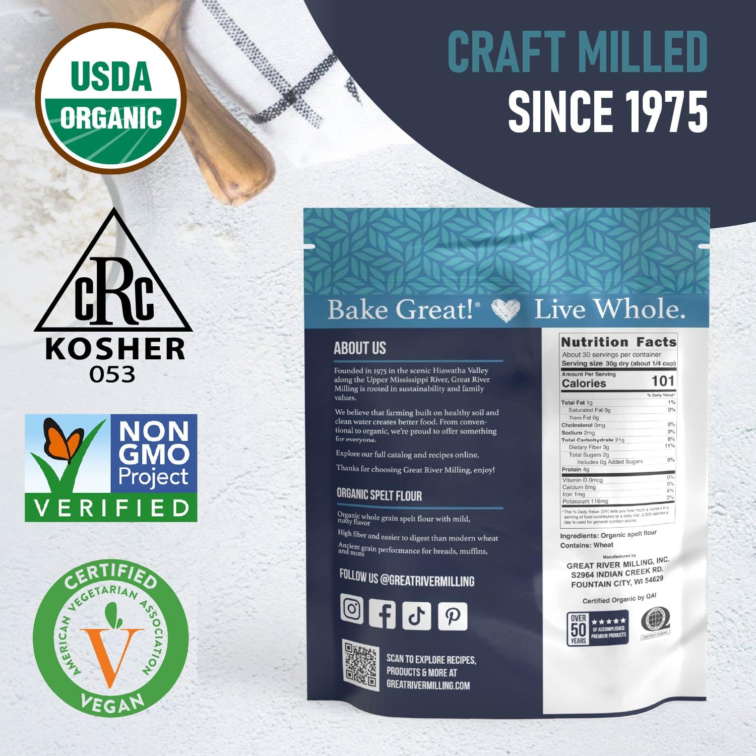 Great River Milling pancakes de espelta servidos en mesa, sabor casero realzado