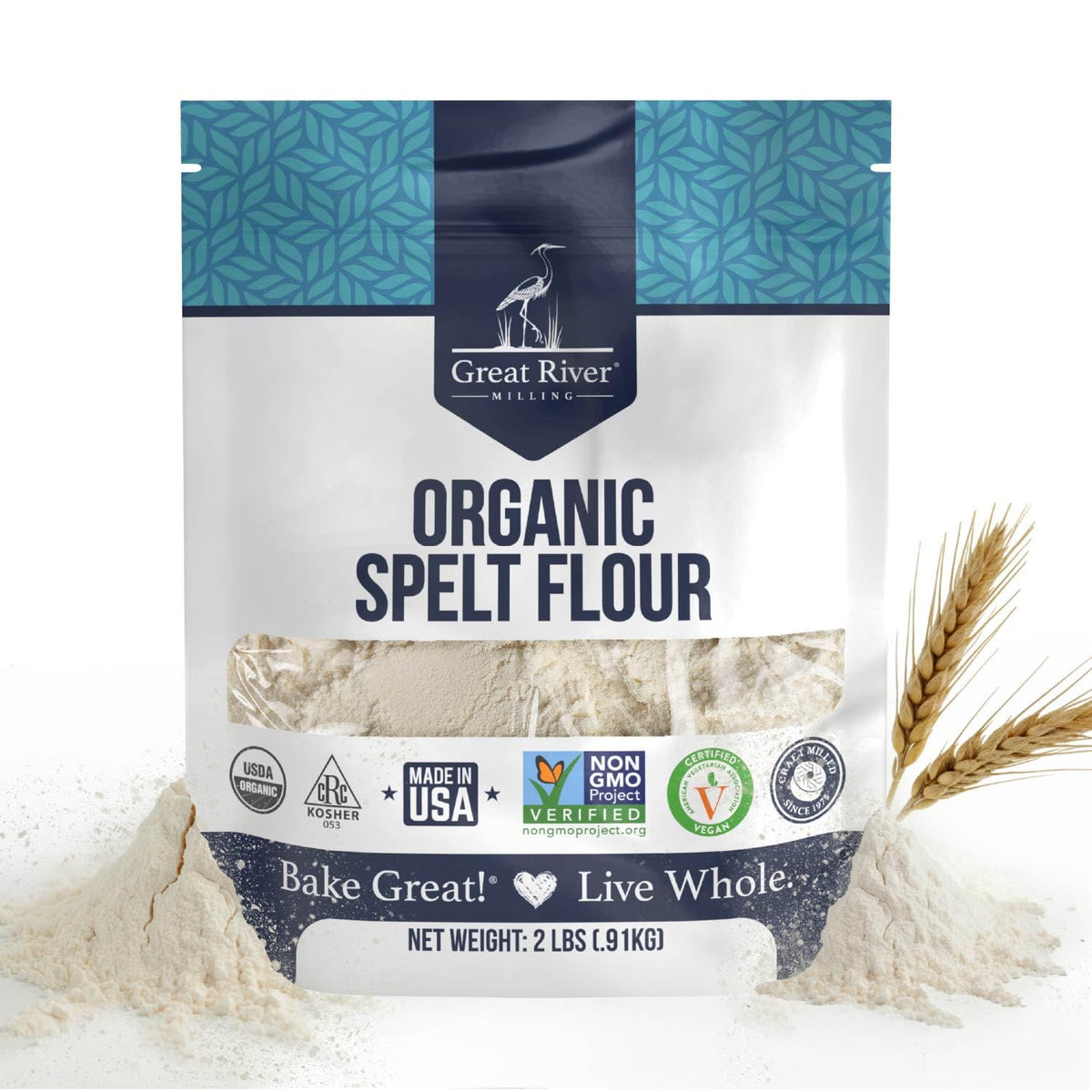 Great River Milling paquete frente mostrando marca y tamaño 2 lb, práctica despensa