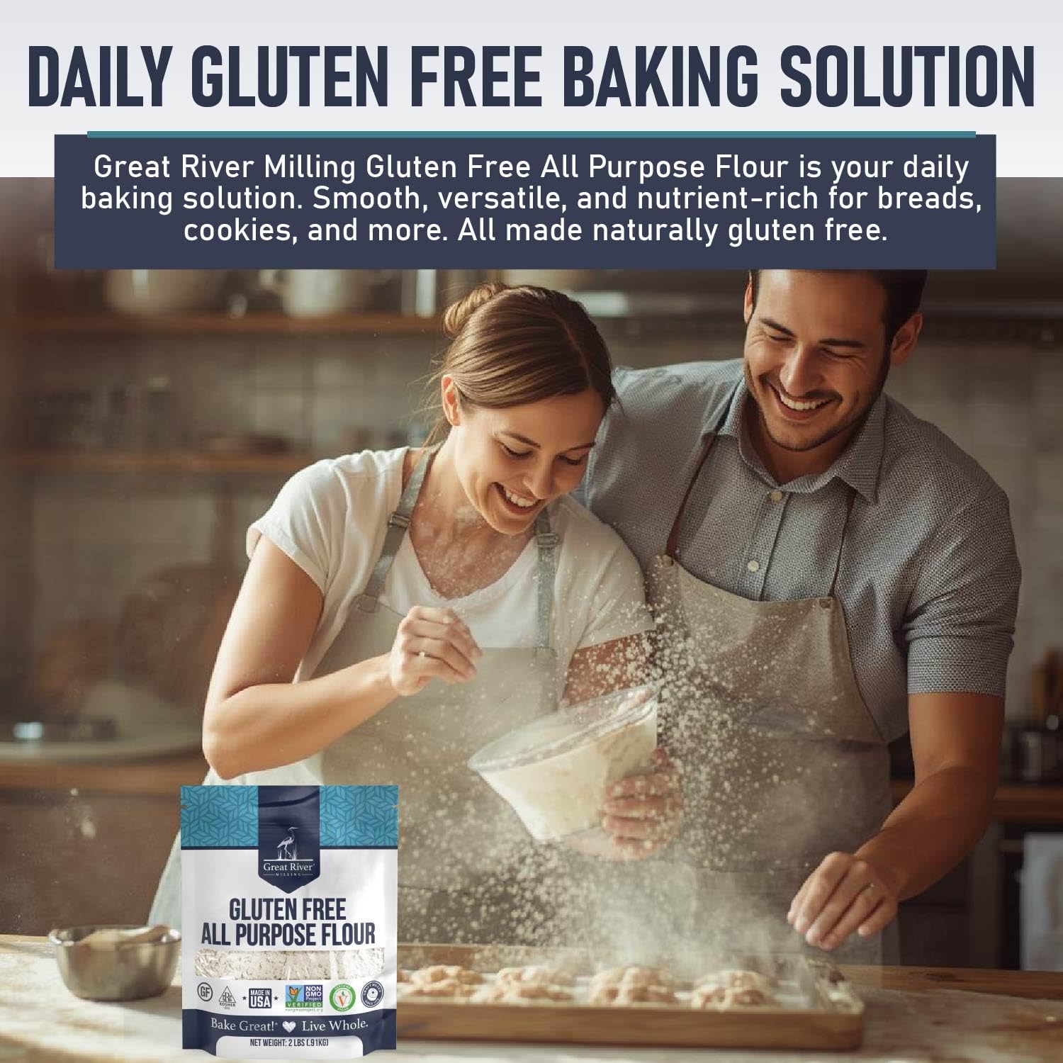 Great River Milling etiqueta con certificaciones Kosher y Non-GMO visibles