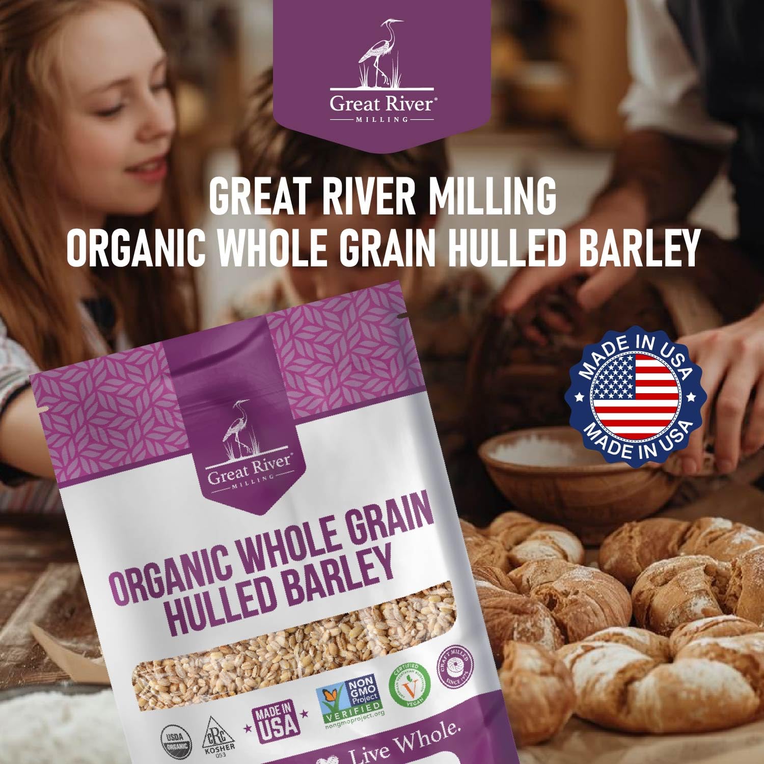 Great River Milling etiqueta con sellos USDA Organic, Non-GMO y Kosher visibles
