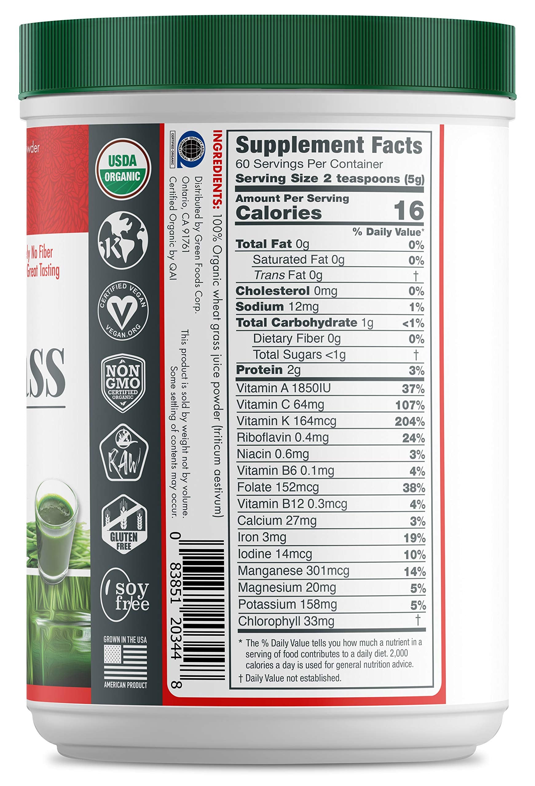 Green Foods envase frontal mostrando etiquetas orgánico y vegano, práctico para dosificar
