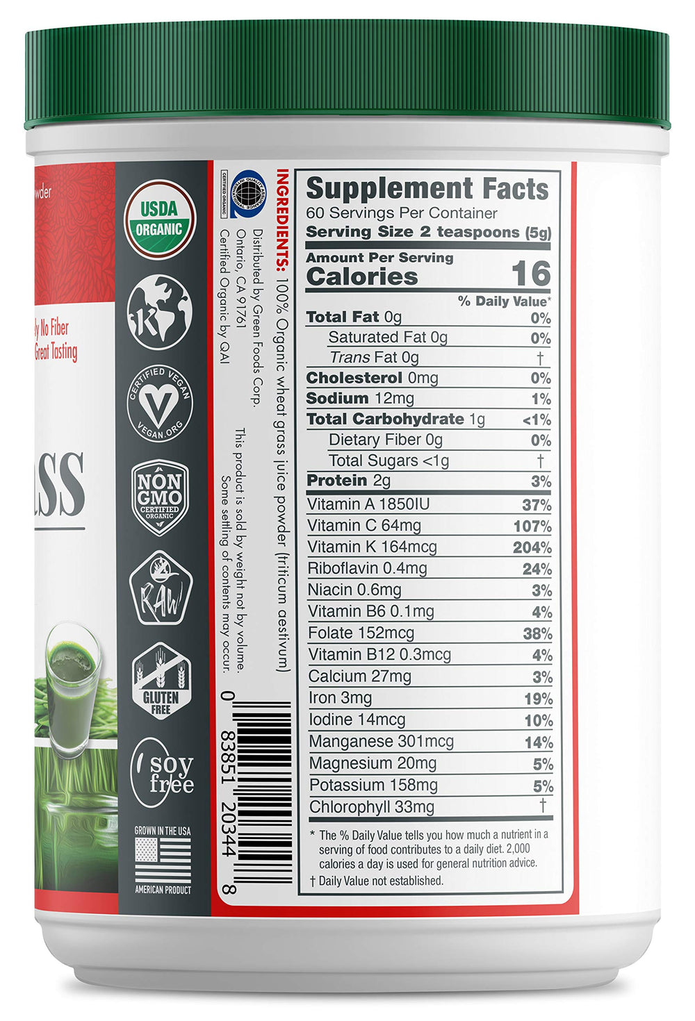 Green Foods envase frontal mostrando etiquetas orgánico y vegano, práctico para dosificar