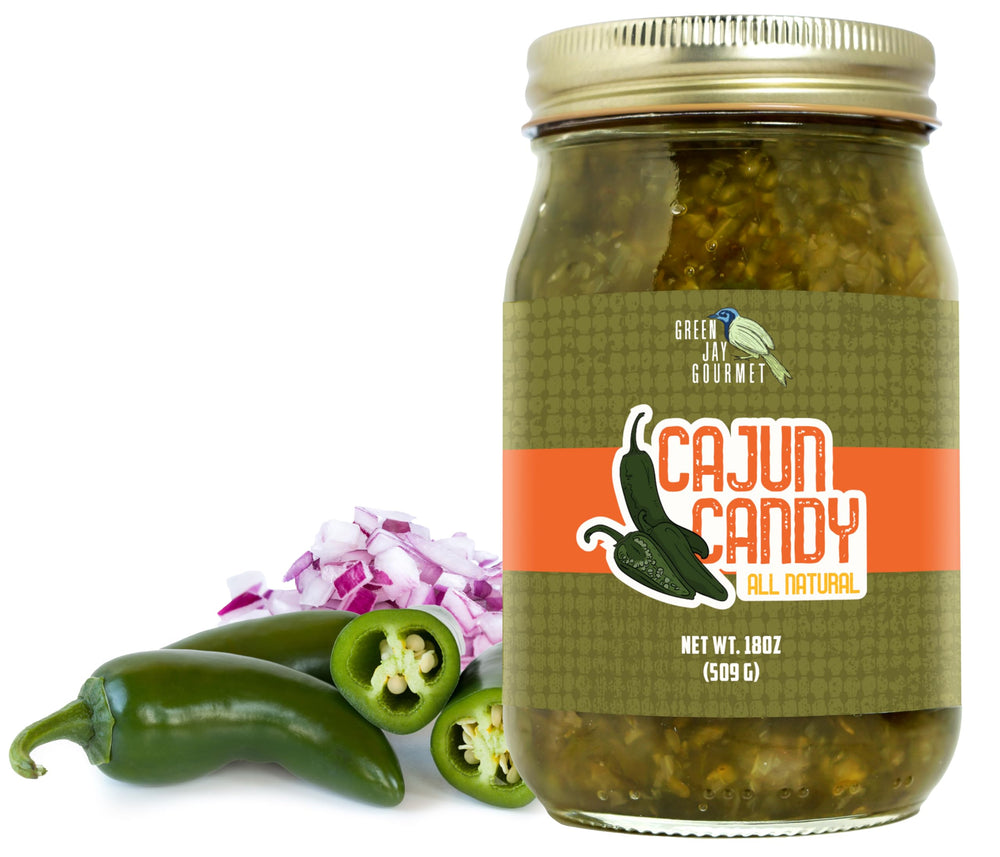 Green Jay Gourmet frasco frontal mostrando etiqueta y color vibrante, mejora visual del plato