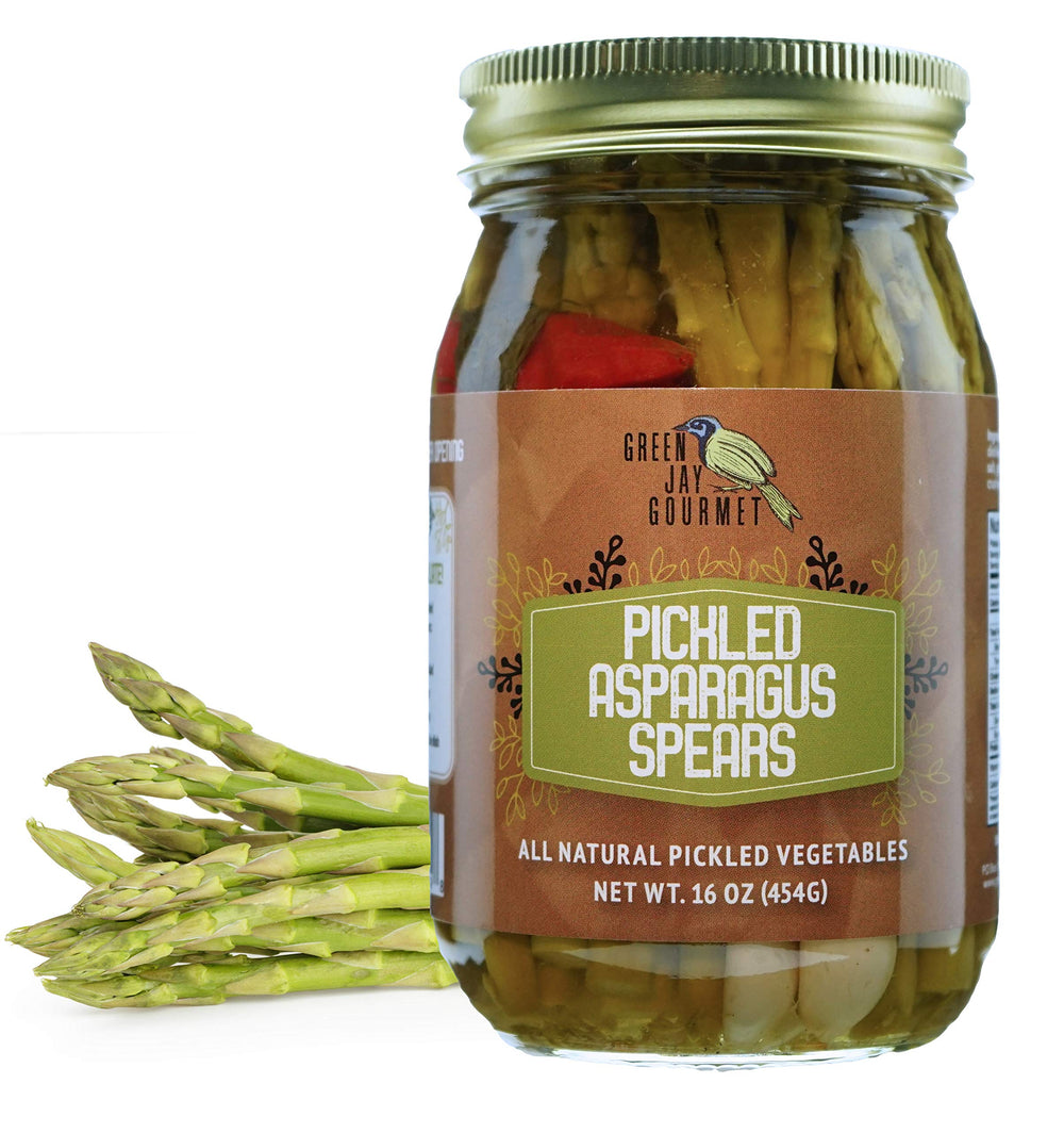 Green Jay Gourmet frasco frontal mostrando espárragos listos para comer y practicidad