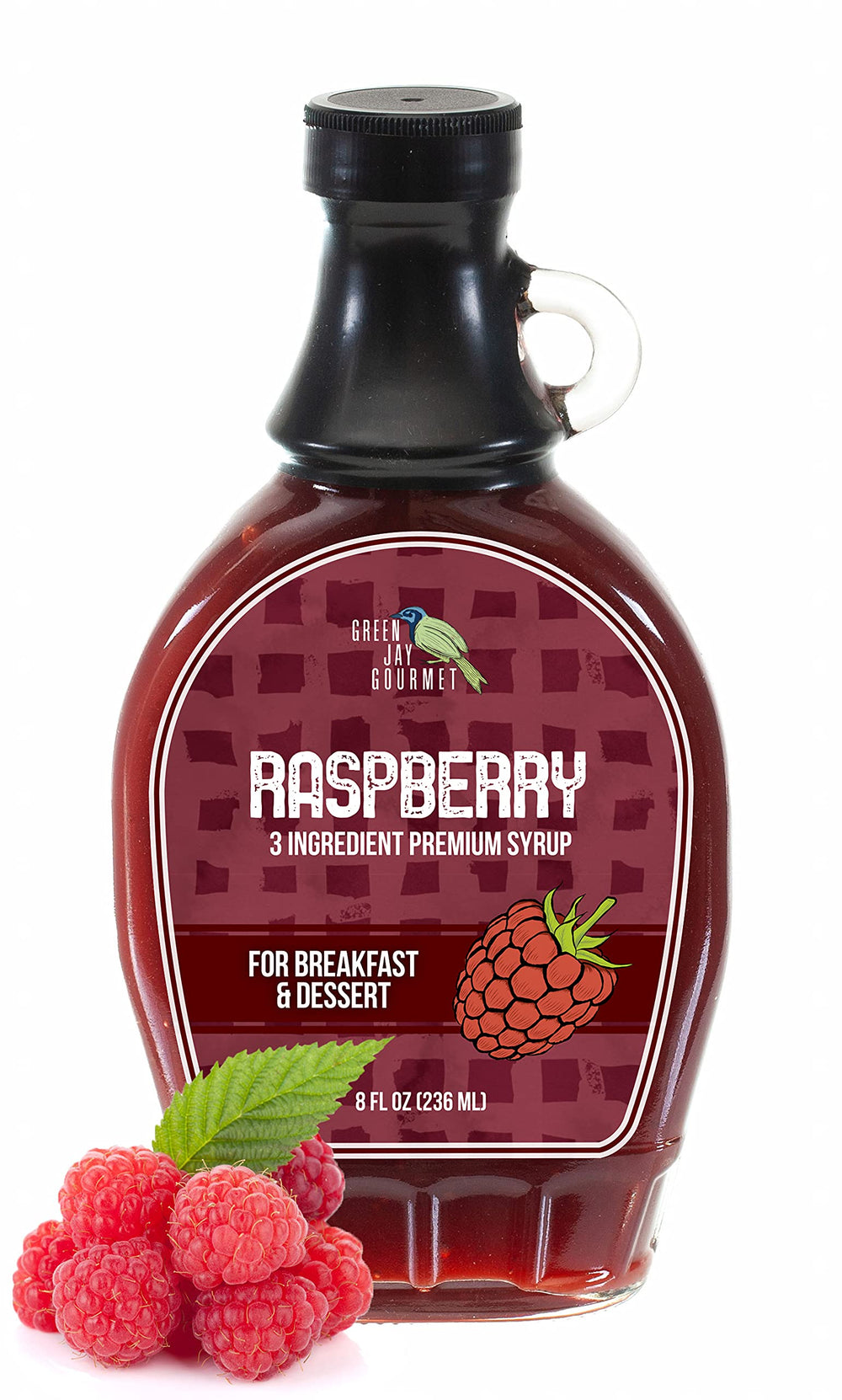 Green Jay Gourmet tarro de frambuesa frontal, muestra apariencia natural y atractivo