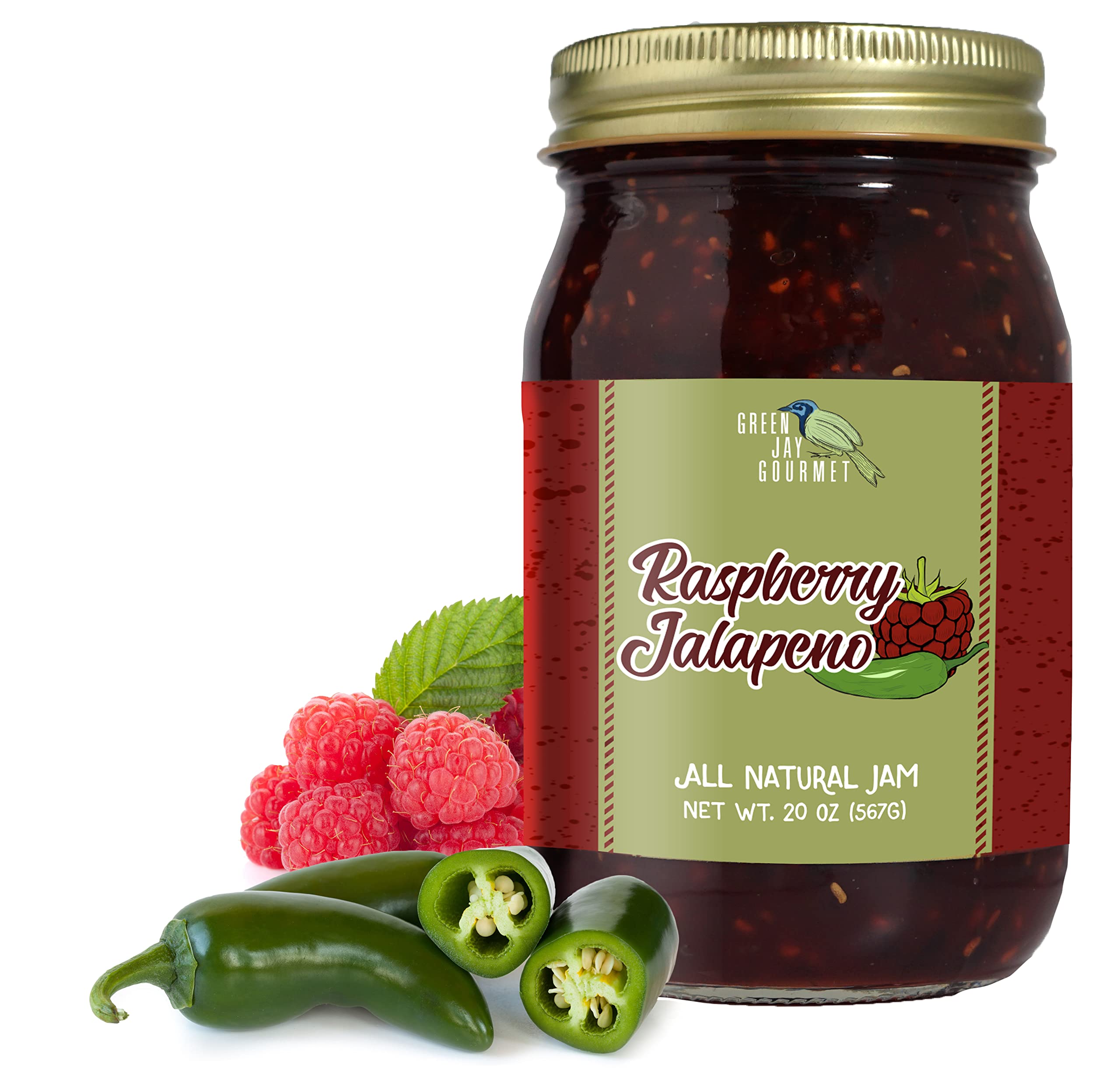 Green Jay Gourmet frasco frontal mostrando etiquetado y color atractivo