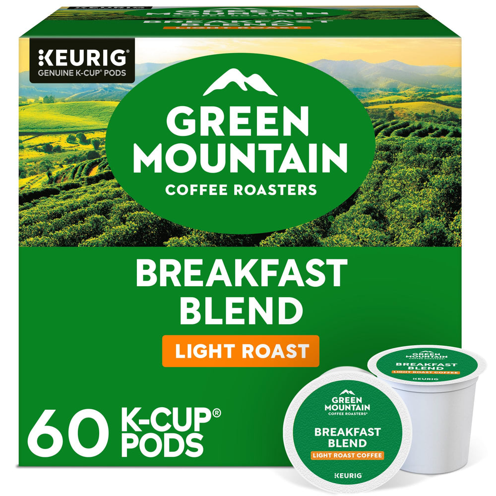 Green Mountain Coffee Roasters empaque frontal de Breakfast Blend, conveniencia rápida