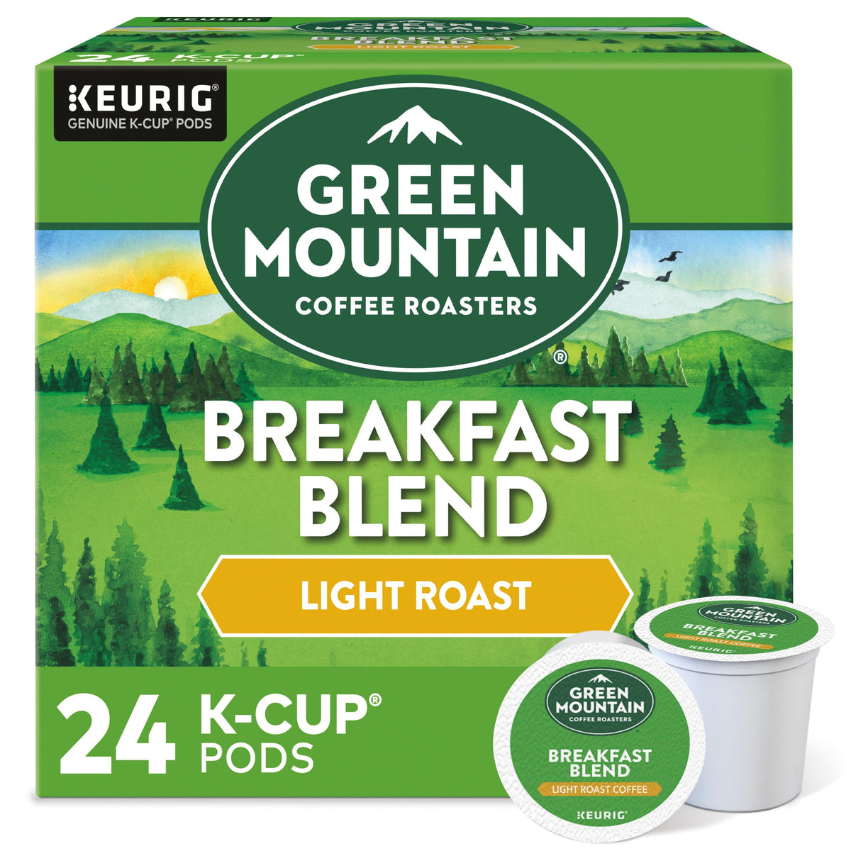 Green Mountain Coffee Roasters empaque frontal mostrando la caja y beneficio de conveniencia