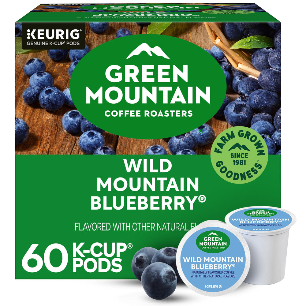 Green Mountain caja frontal mostrando 60 cápsulas y sabor arándano, conveniencia inmediata