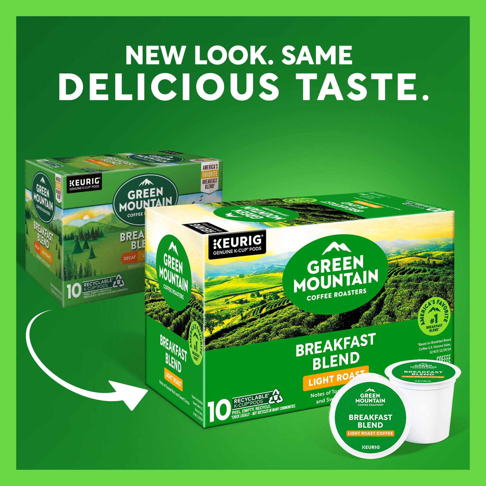 Green Mountain cápsula K-Cup aislada sobre fondo claro, compatibilidad Keurig