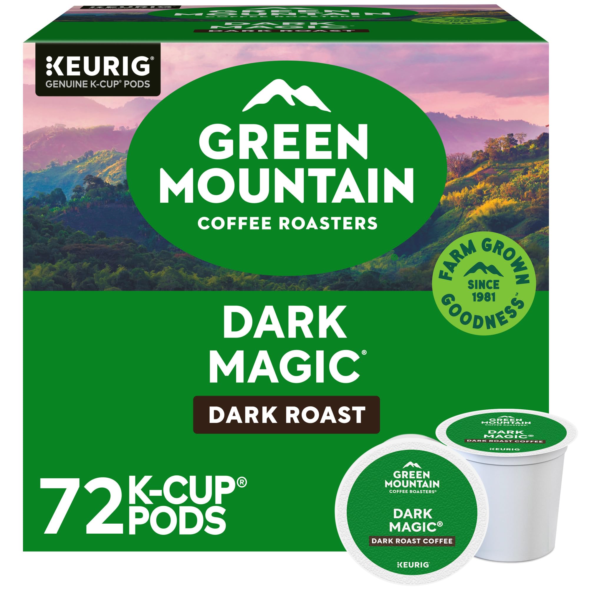Green Mountain Coffee Roasters frente del paquete mostrando cantidad y tueste intenso