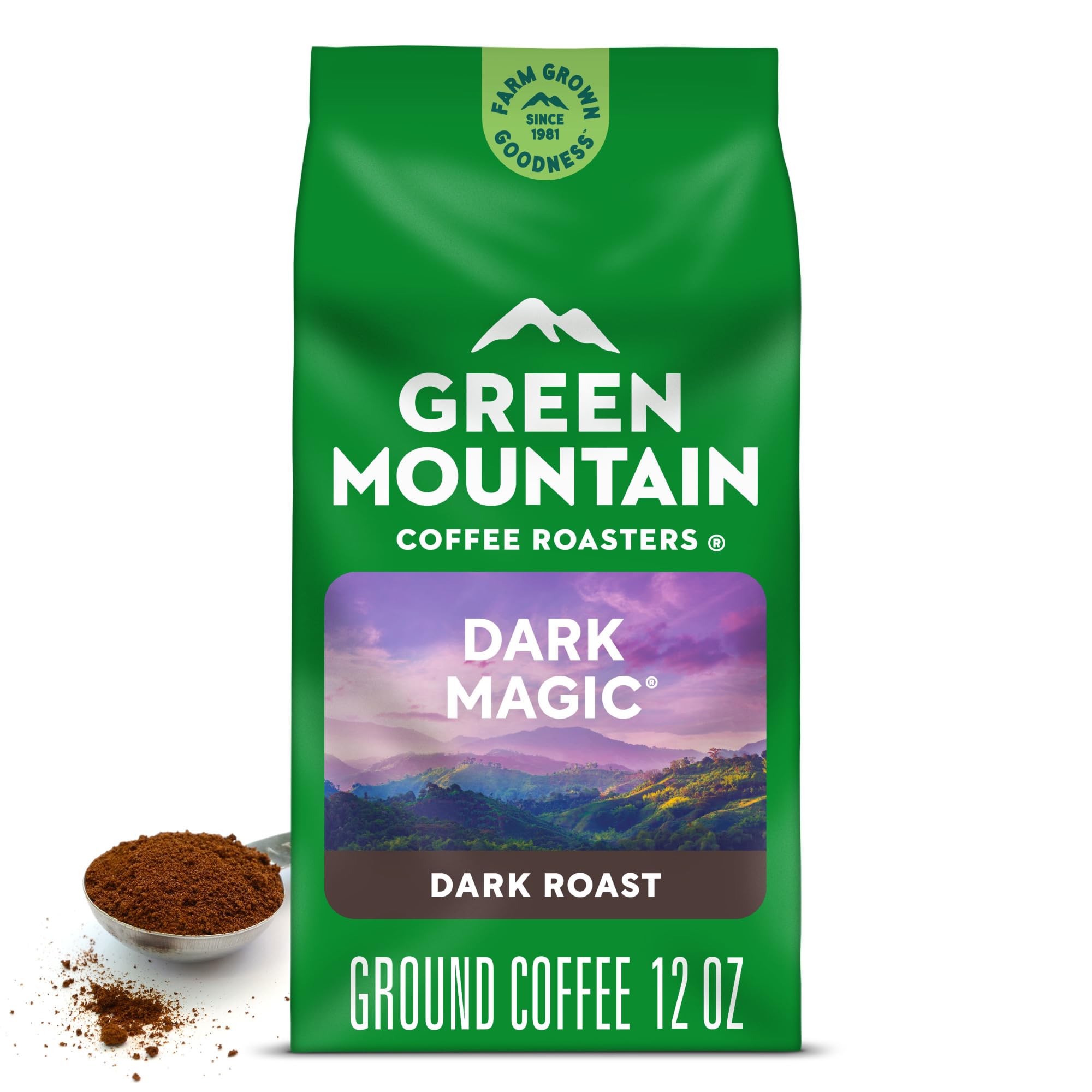 Green Mountain Coffee Roasters bolsa frontal mostrando Dark Magic y ventaja de intensidad